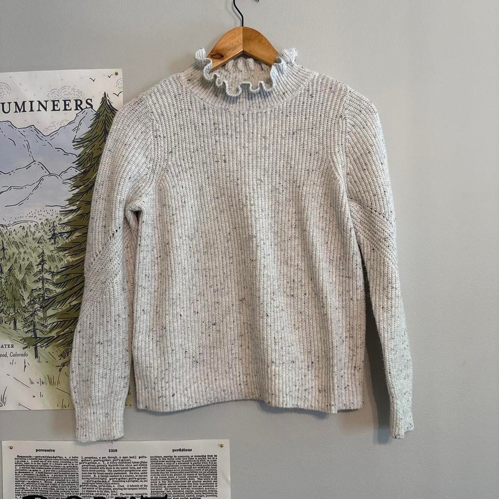 LOFT Ruffled Neck Knit Pullover Sweater Flecked Marled Ribbed